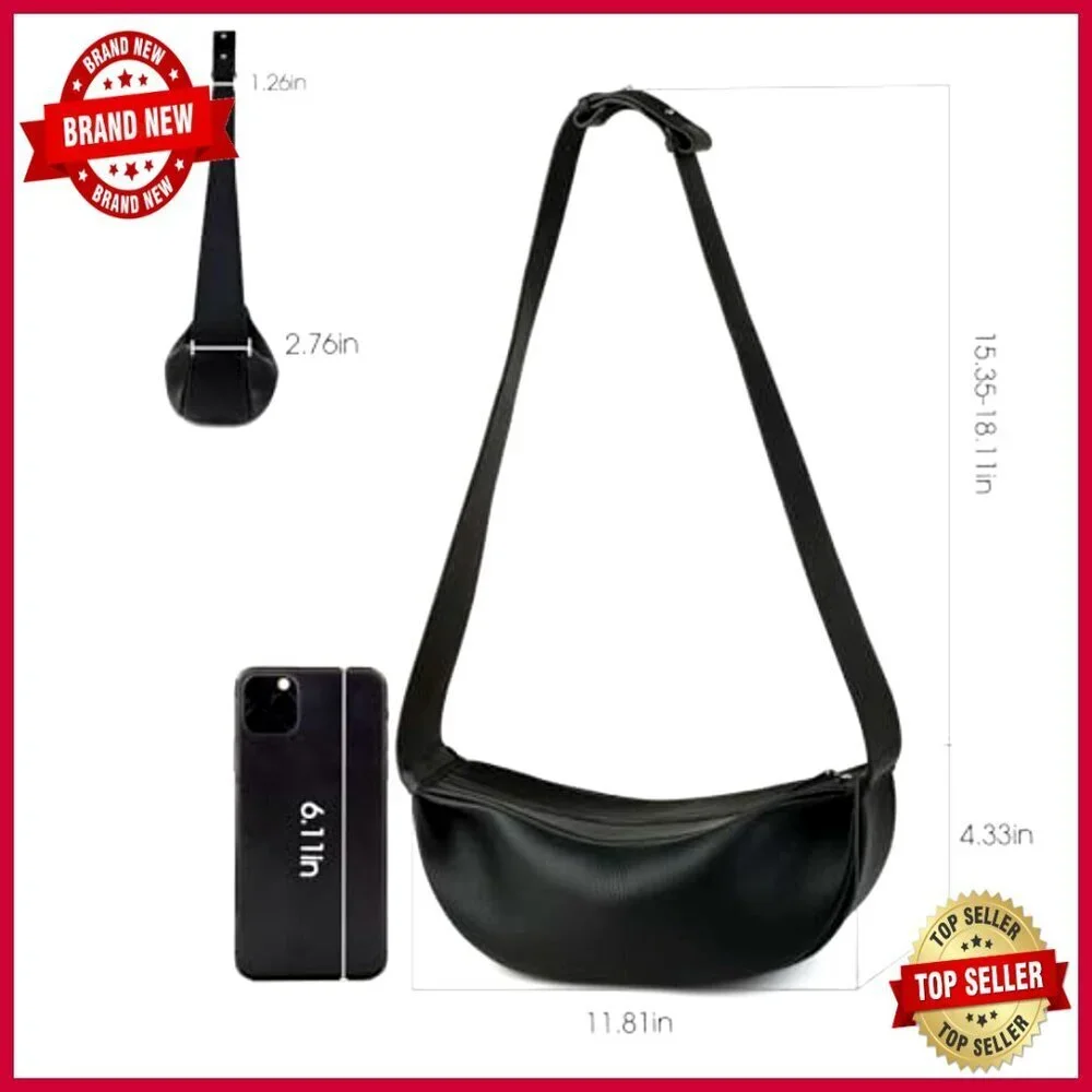 Genuine Leather Crossbody Sling Bag, Minimalist Hobo with Wide Adjustable Strap